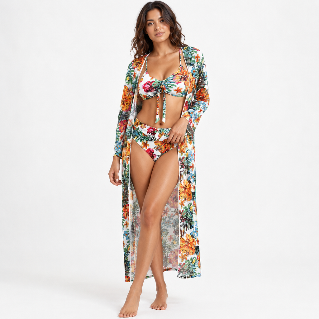 NEW ELARES | Elegante bikini de tres piezas «Maria» con estampado tropical