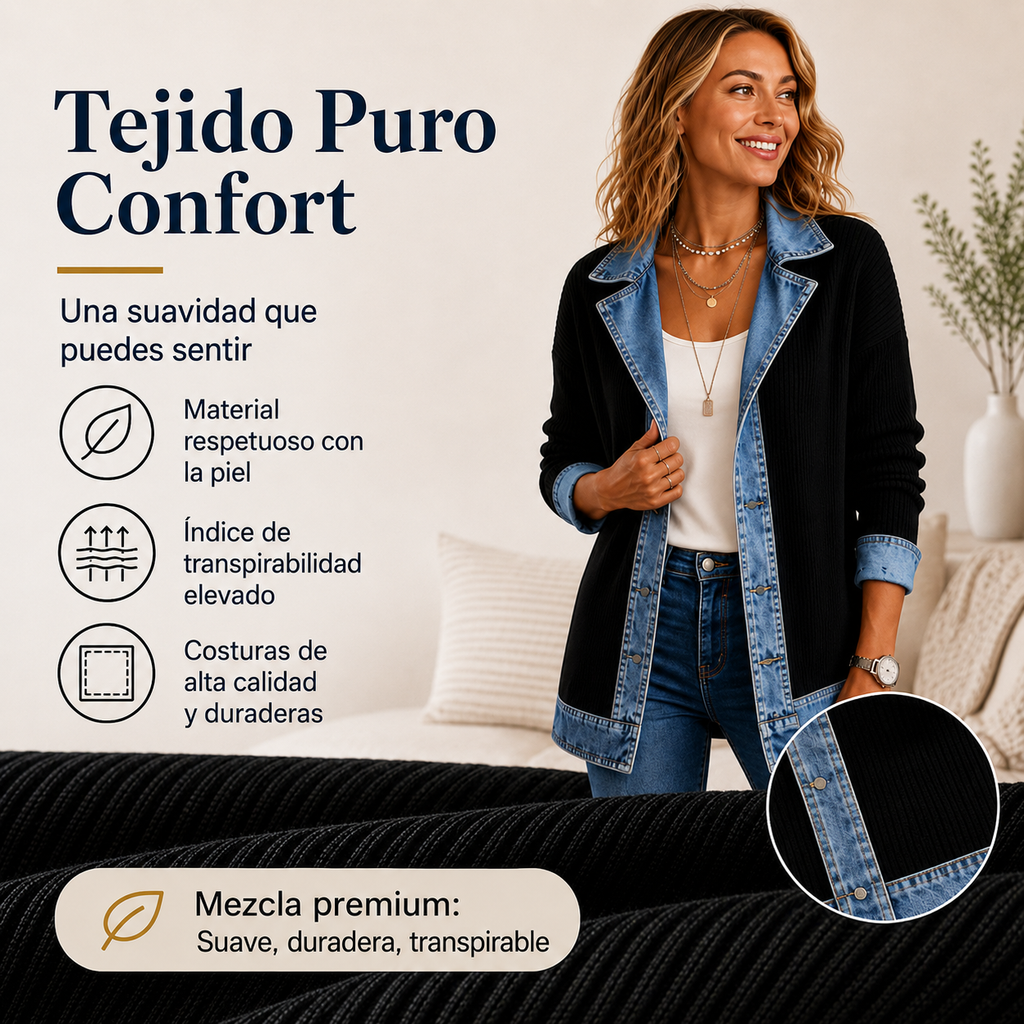 Abrigo de Punto Acanalado con Detalles Vaqueros