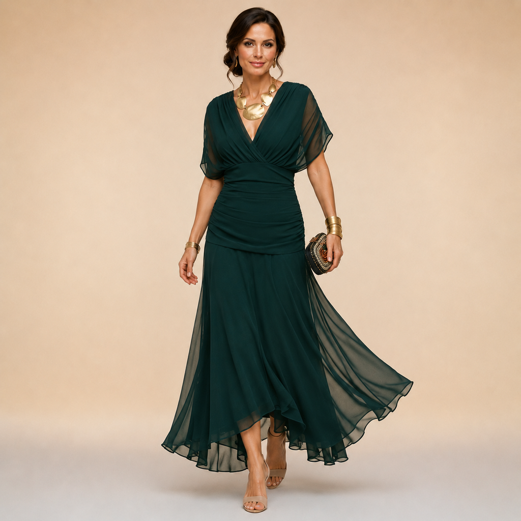 Emma | Vestido largo de noche con escote en V y efecto drapeado