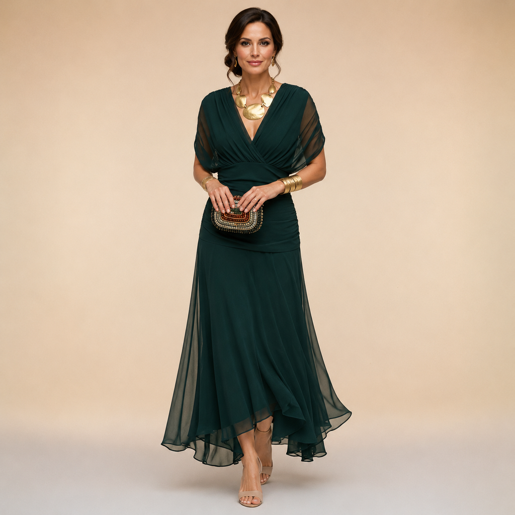 Emma | Vestido largo de noche con escote en V y efecto drapeado