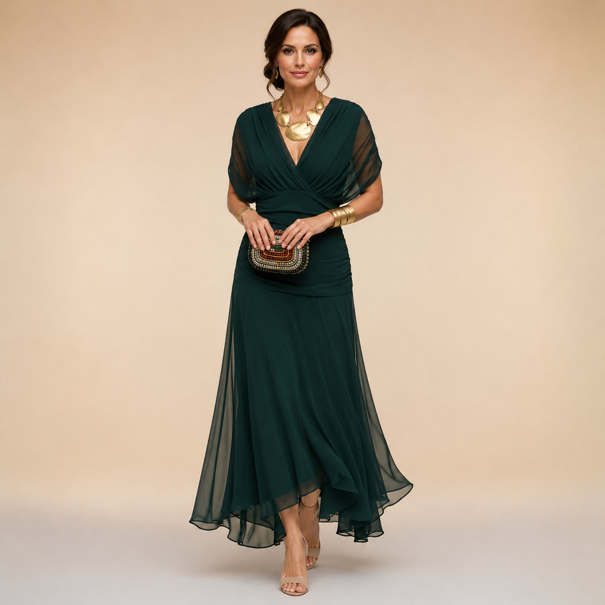 Emma | Vestido largo de noche con escote en V y efecto drapeado