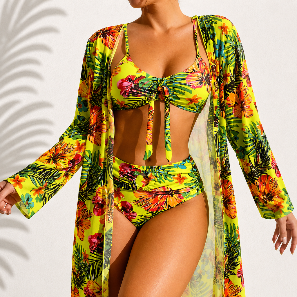 NEW ELARES | Elegante bikini de tres piezas «Maria» con estampado tropical