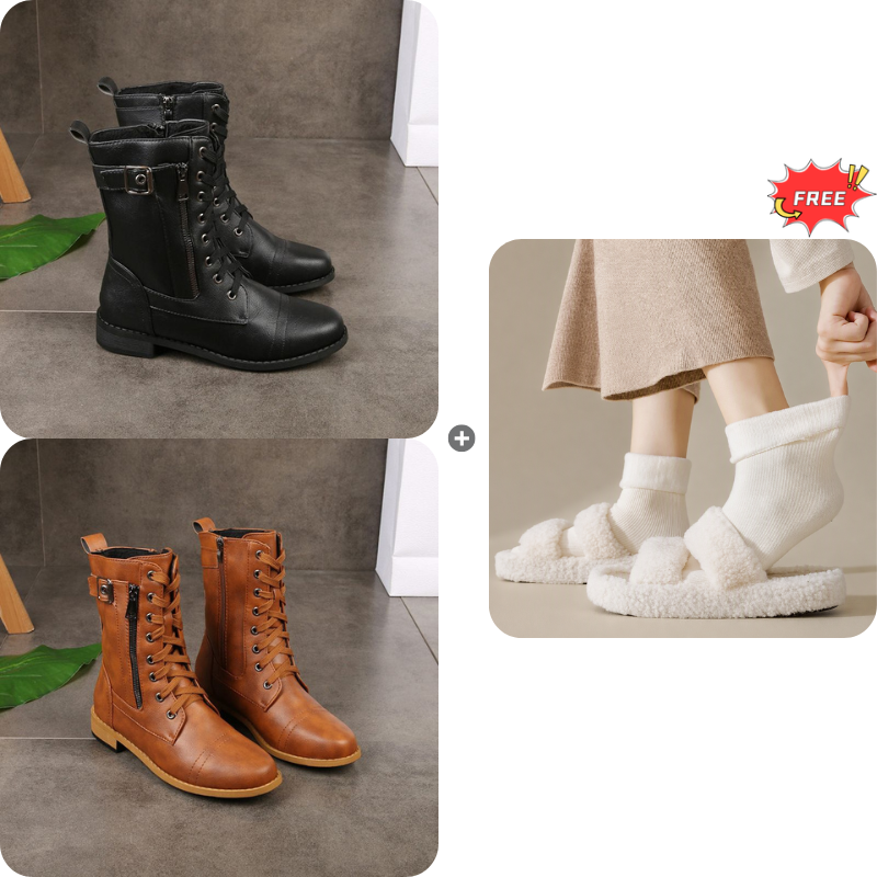 ¡49 % de descuento!🚨Botas ortopédicas de piel para mujer con puntera redonda y cremallera lateral