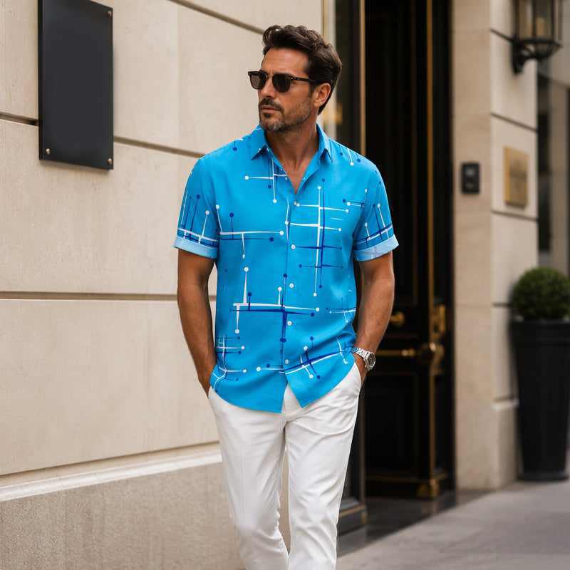 ☀️👔 ¡DESCUENTO DEL 50 % POR TIEMPO LIMITADO! Camisa de hombre con estampado geométrico y corte holgado – Suave sensación veraniega, comodidad espaciosa y estilo ideal para las vacaciones ✨
