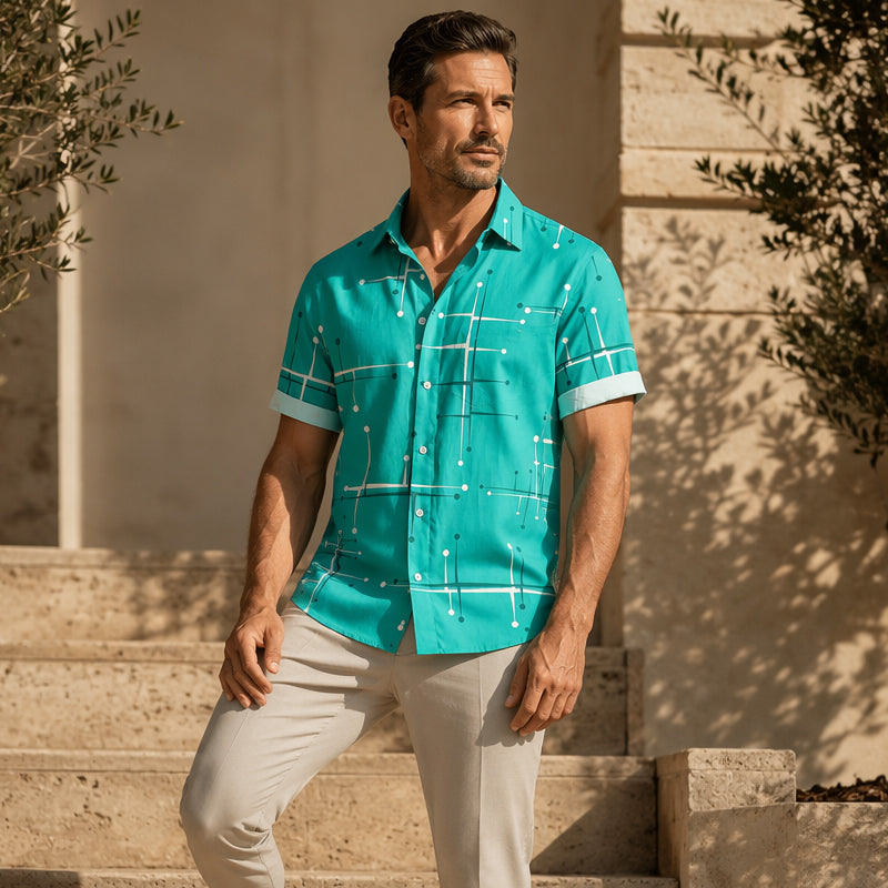 ☀️👔 ¡DESCUENTO DEL 50 % POR TIEMPO LIMITADO! Camisa de hombre con estampado geométrico y corte holgado – Suave sensación veraniega, comodidad espaciosa y estilo ideal para las vacaciones ✨