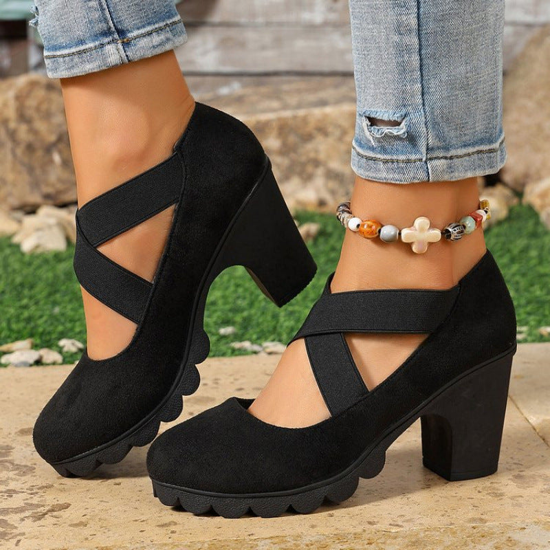 📢📢¡¡¡50 % de descuento!!!🎉✨ Zapatos de tacón para mujer con puntera redonda, tiras cruzadas, tacón grueso, plataforma y aberturas, de tacón alto