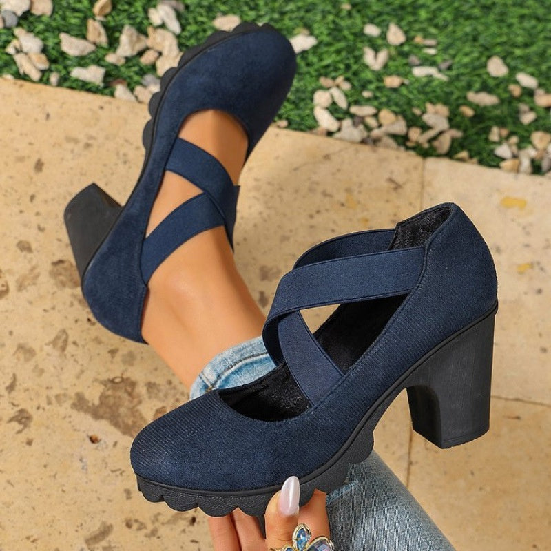 📢📢¡¡¡50 % de descuento!!!🎉✨ Zapatos de tacón para mujer con puntera redonda, tiras cruzadas, tacón grueso, plataforma y aberturas, de tacón alto